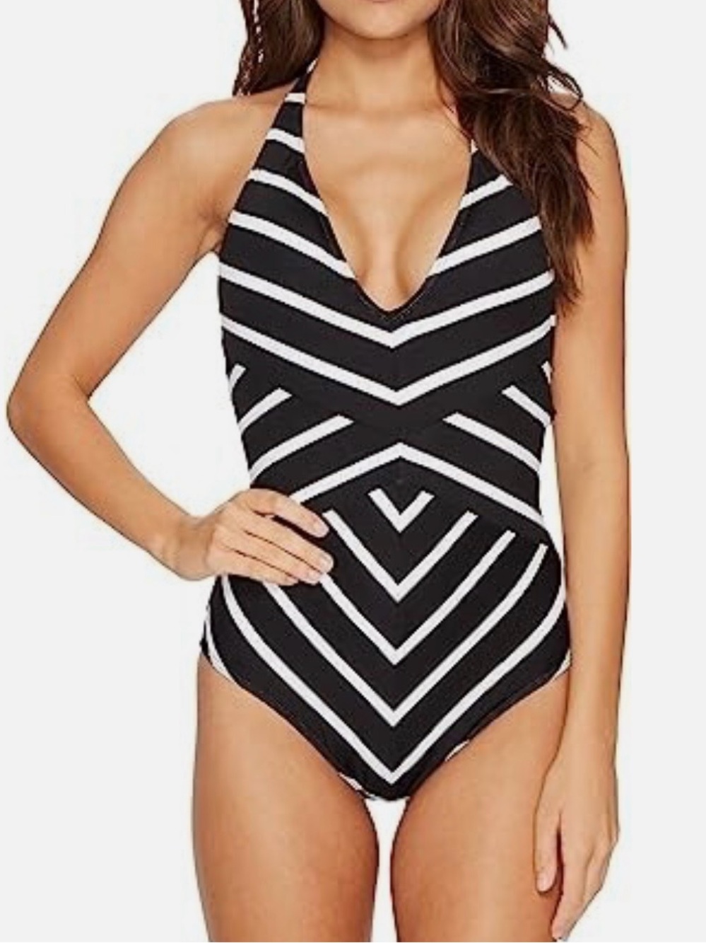 Lauren Ralph Lauren Deauville Black and White Striped Halter One-Piece Swim